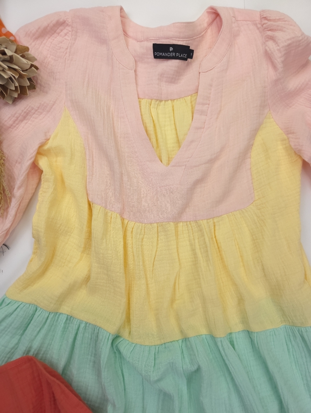 New Tuckernuck Pomander Place Colorblock Tiered Dress Pink Yellow Mint Red Sz S - Picture 10 of 13